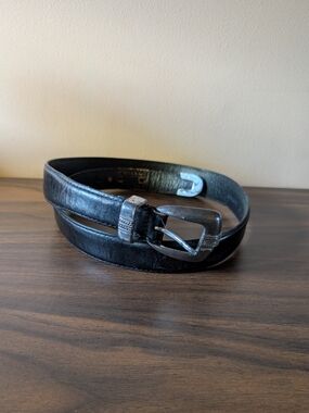 Vintage Black Leather Women's Belt with Silver Buckle